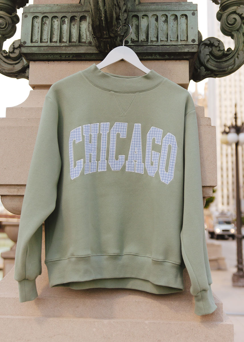Chicago Collegiate Gingham Mock Neck Sweatshirt - Sage
