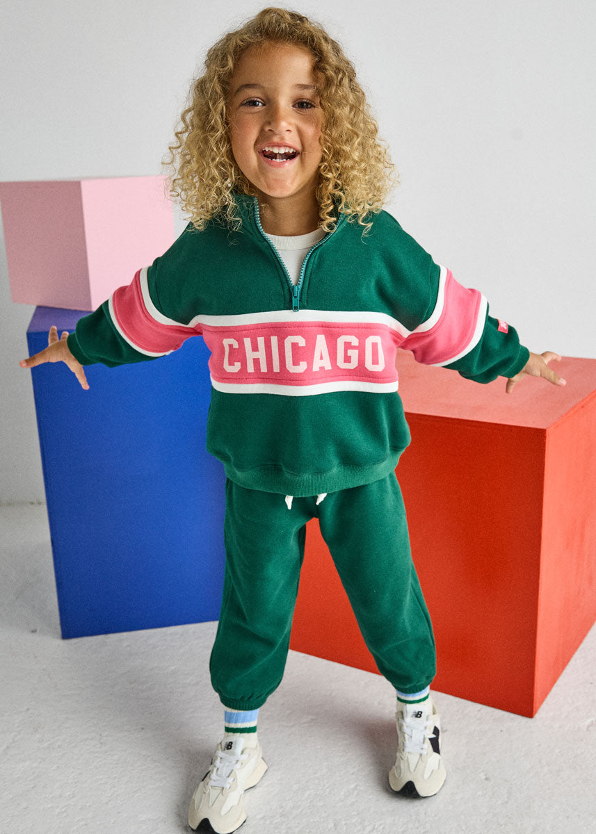 Chicago Quarter Zip Sweat Set - Green & Pink