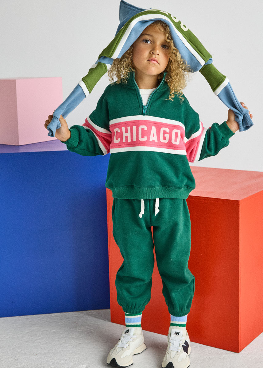 Chicago Quarter Zip Sweat Set - Green & Pink