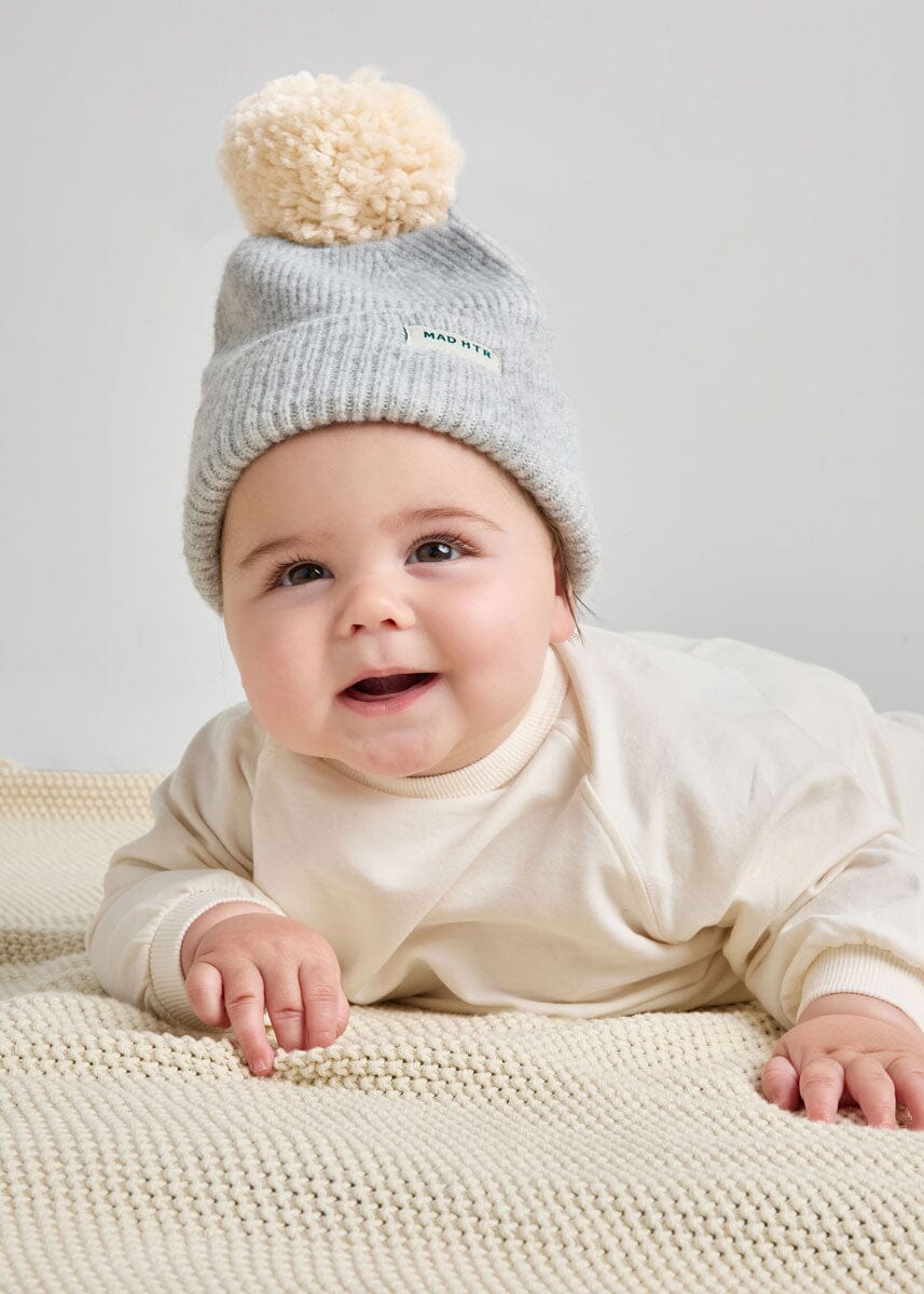 Infant Mad Hatter Ribbed Knit Pom Beanie - Heather Grey