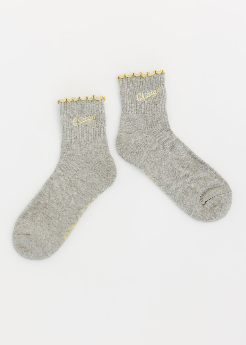 Chicago Script Ruffle Crew Sock - Heather Grey & Butter