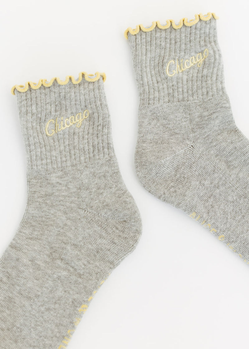 Chicago Script Ruffle Crew Sock - Heather Grey & Butter