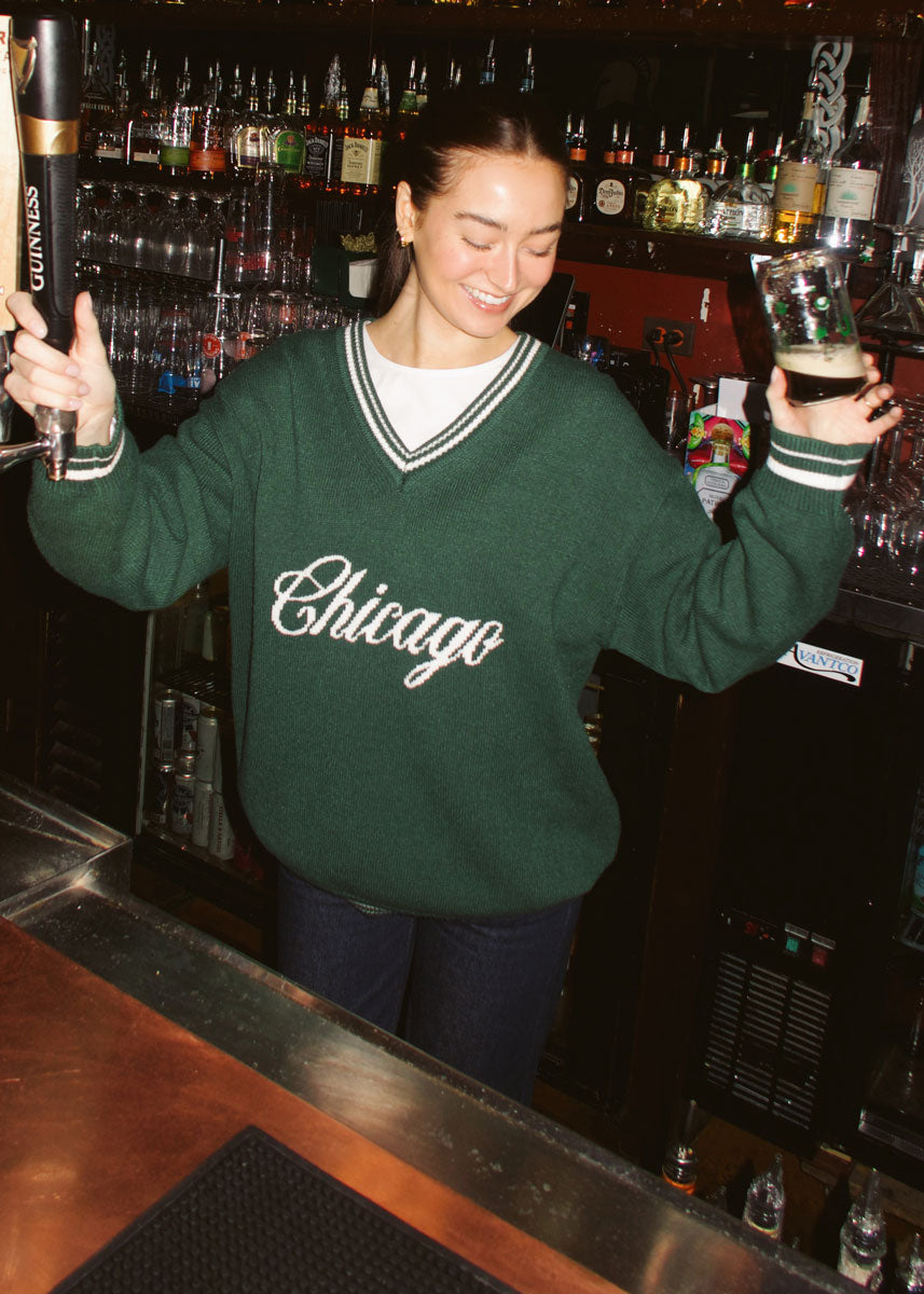 Chicago Collegiate V-Neck Sweater - Green & White