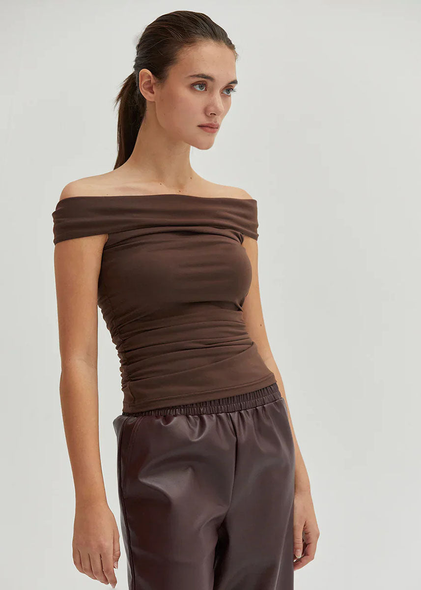 Nora Ruched Off-Shoulder Knit Top - Espresso