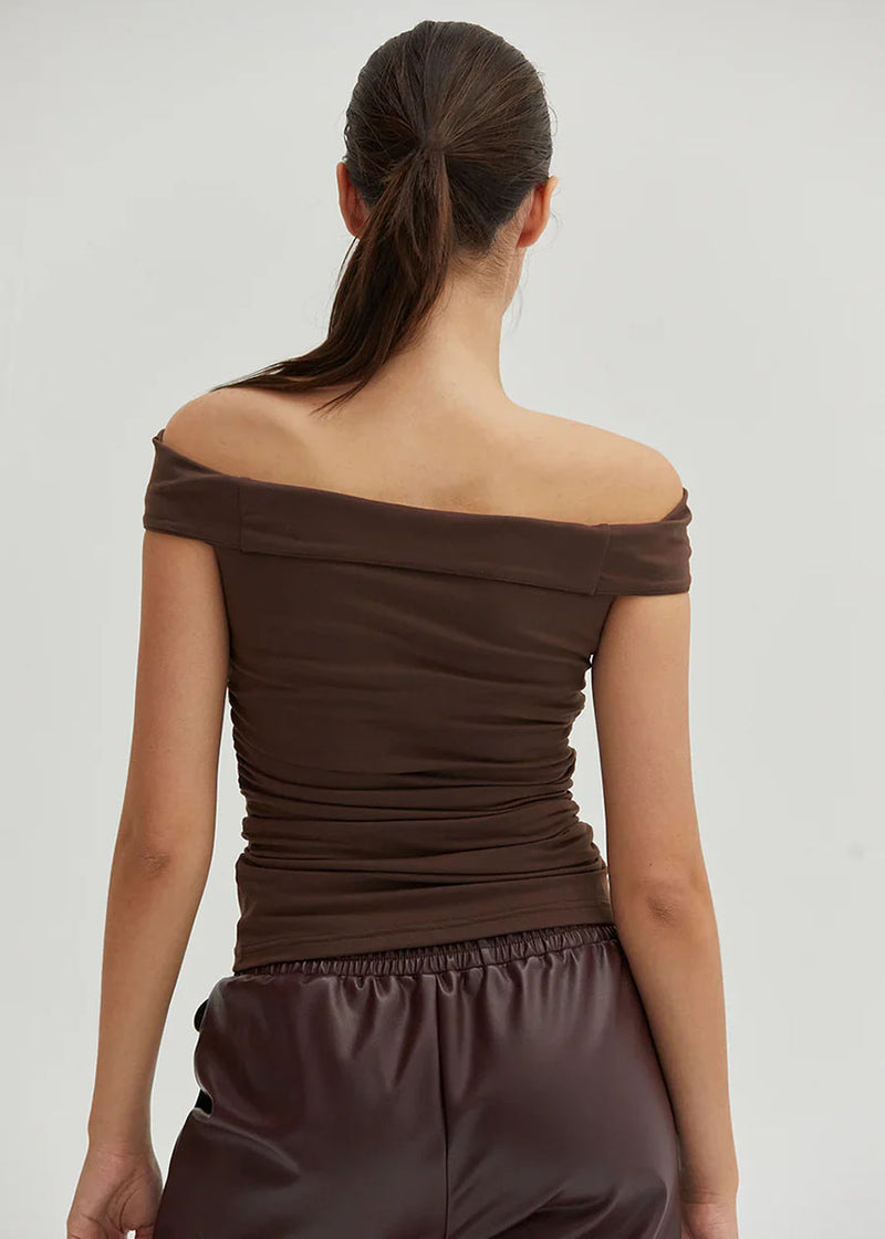 Nora Ruched Off-Shoulder Knit Top - Espresso