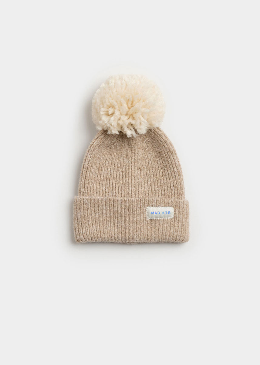 Infant Mad Hatter Ribbed Knit Pom Beanie - Heather Taupe