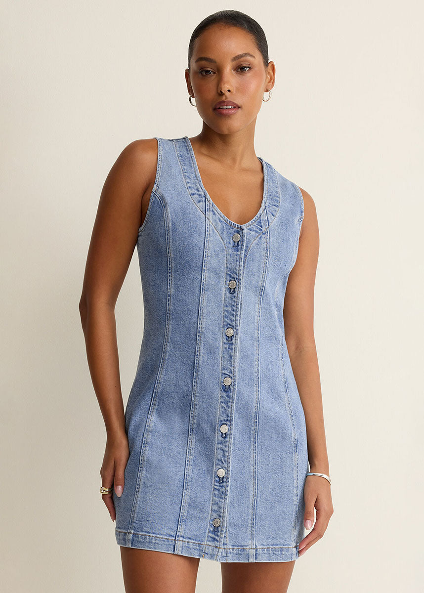 Jolie Denim Seamed Mini Dress - Avalon