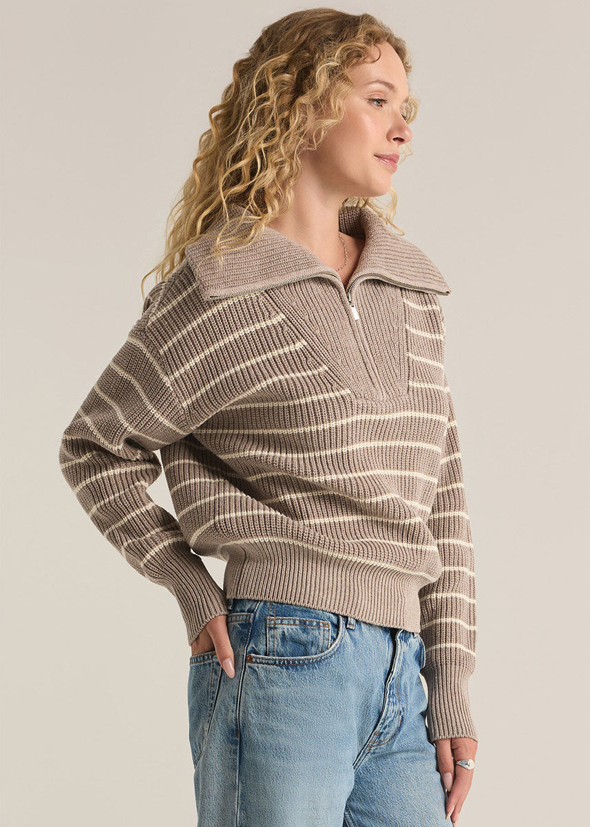 Villa Half Zip Stripe Sweater - Heather Taupe