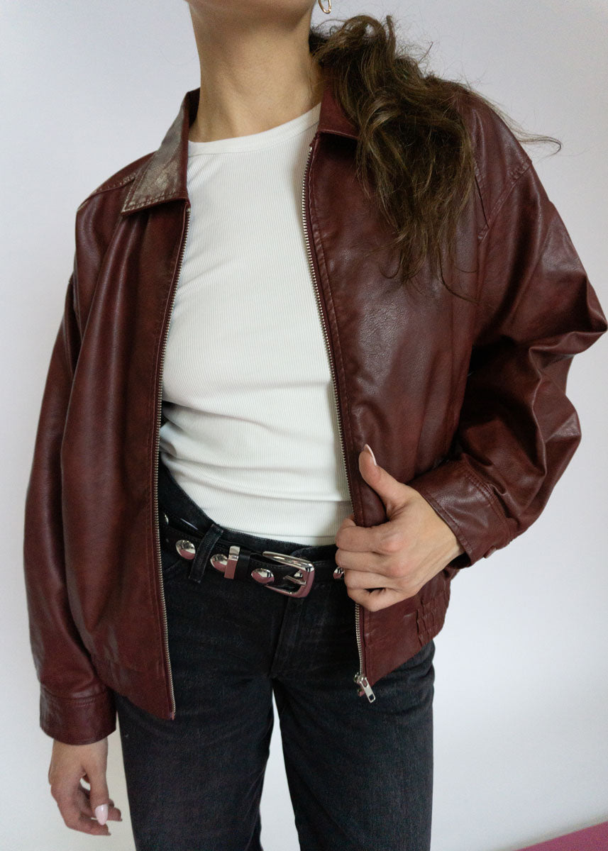 Delia Faux Leather Zip Jacket - Wine