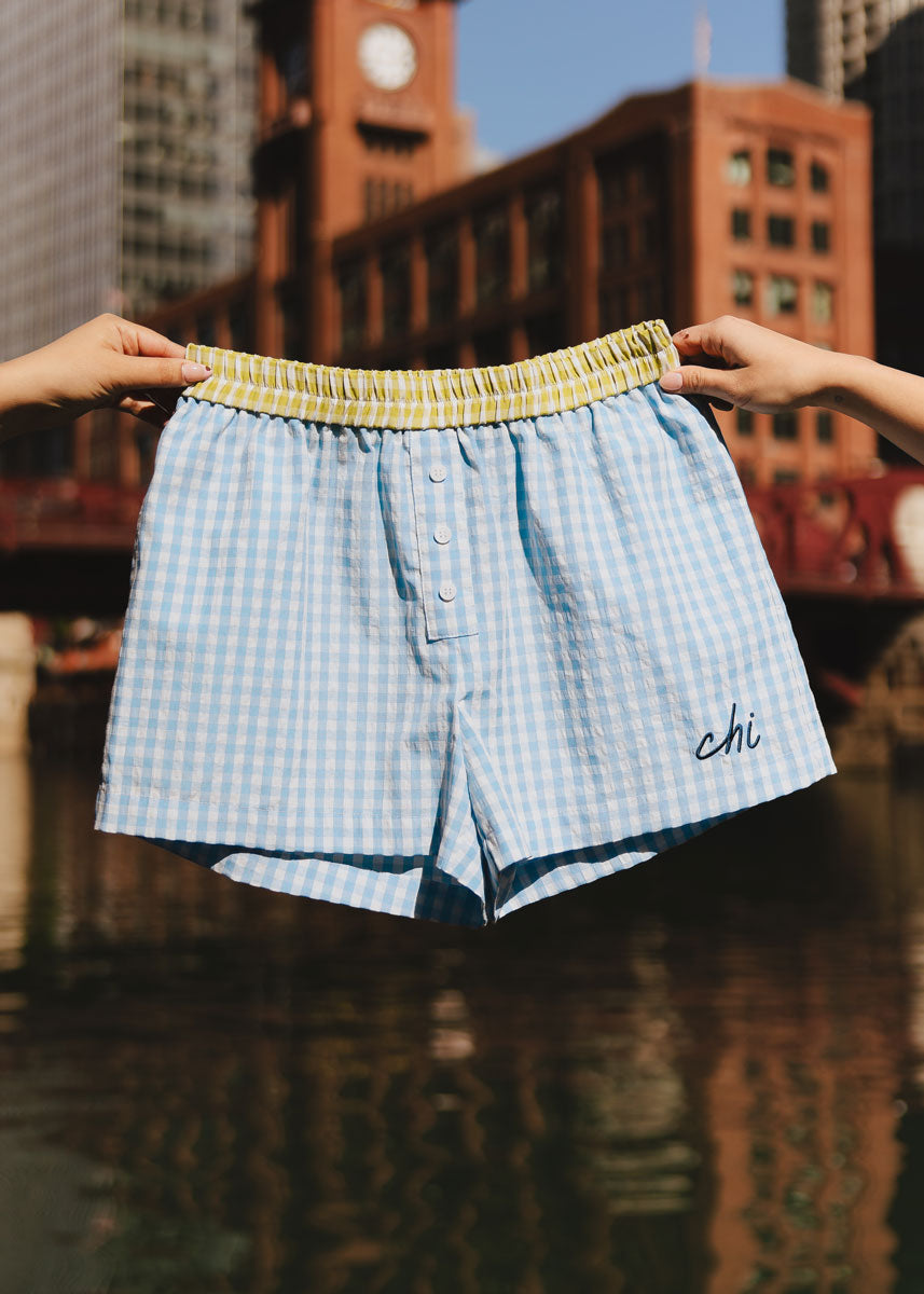 Chi Script Gingham Short - Light Blue – Alice & Wonder
