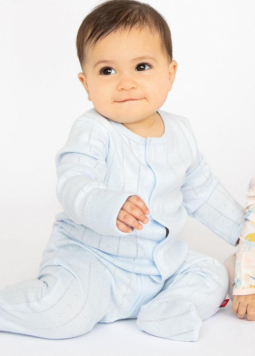Organic Cotton Pointelle Magnetic Footie - Love Lines Blue