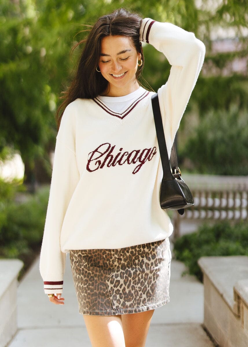 Chicago Collegiate V-Neck Sweater - Cream/Maroon