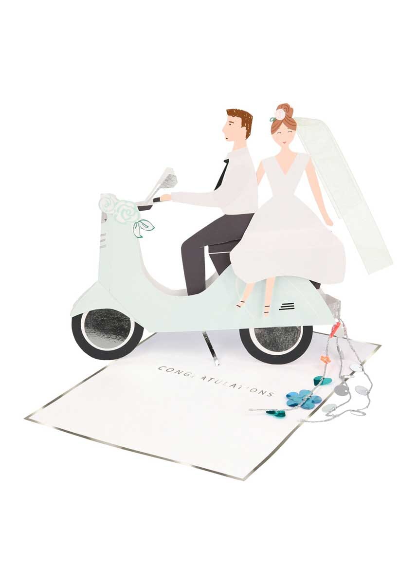 Scooter Couple Stand-Up Wedding Card