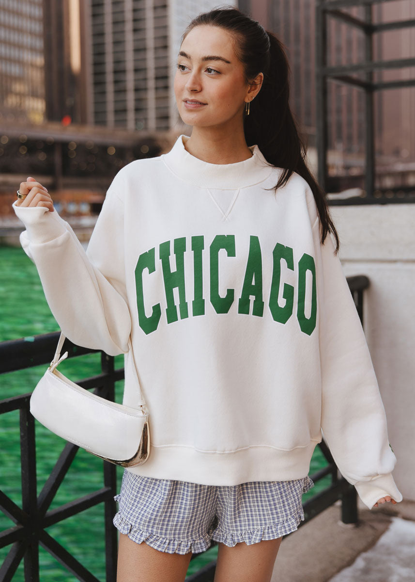 Chicago Mock Neck Sweatshirt - Cream & Green