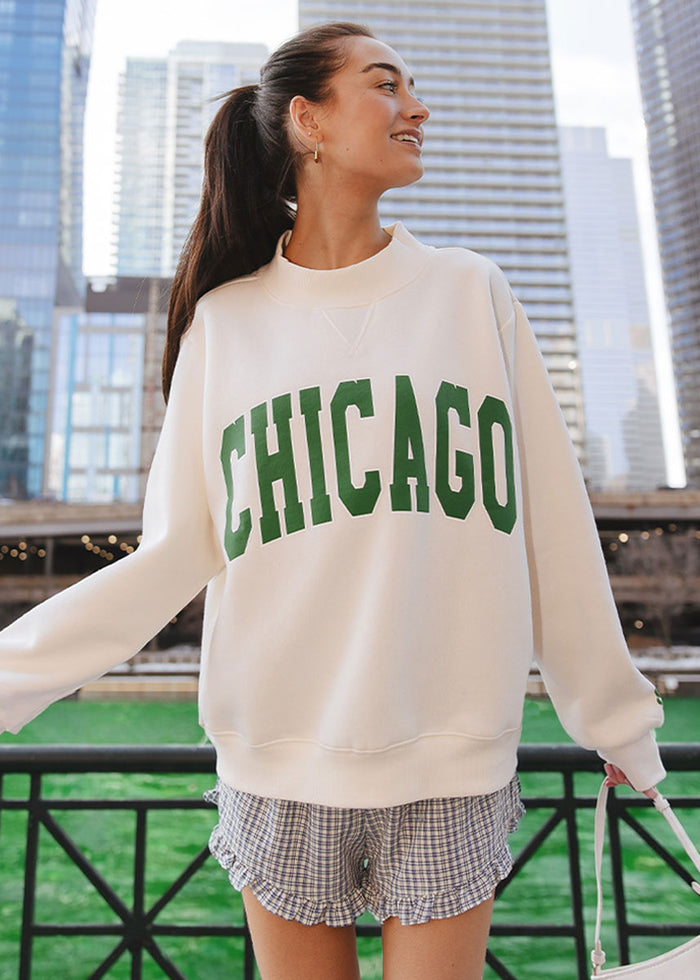 Chicago Mock Neck Sweatshirt - Cream & Green