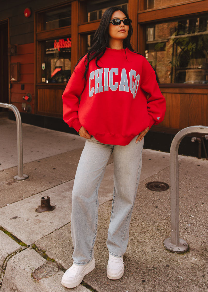 Chicago Collegiate Puff Mock Neck Sweatshirt - Red & Sky Blue