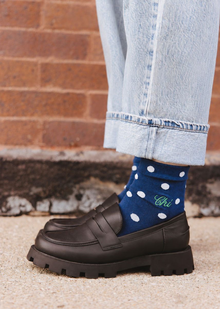 Chi Embroidered Polka Dot Trouser Sock - Navy