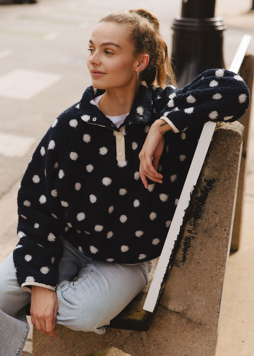 Alice Polka Dot Quarter Snap Fleece - Navy