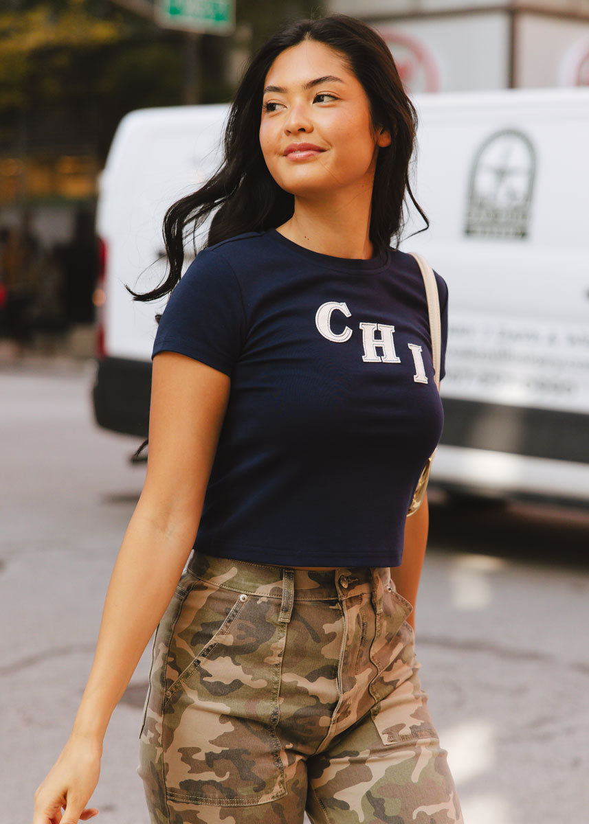 Chi Applique Baby Tee - Navy & Ivory