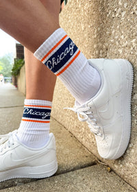 Chicago Script Triple Stripe Long Crew Sock - Navy & Orange