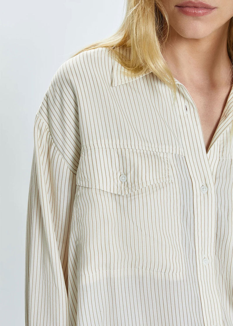 Nellie Oversized Button-Down Shirt - Tan & White Pinstripe