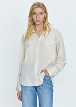 Nellie Oversized Button-Down Shirt - Tan & White Pinstripe