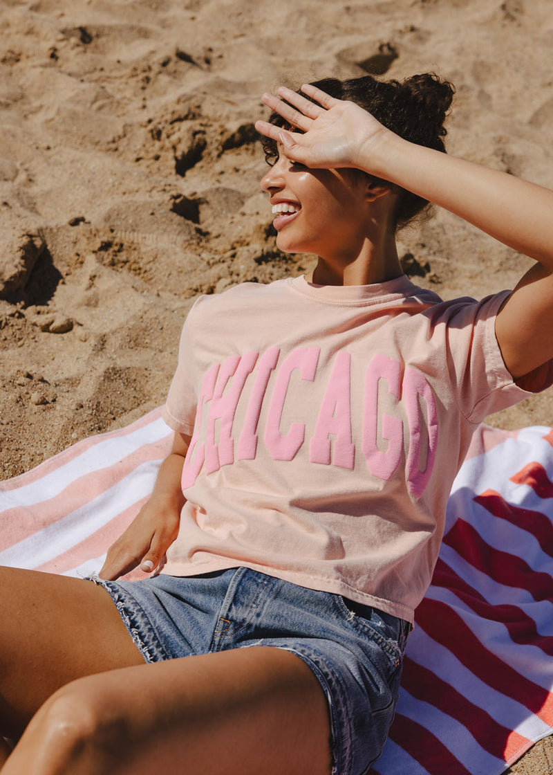 Chicago Collegiate Puff Crop Tee - Peach & Pink