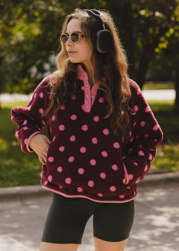 Alice Polka Dot Quarter Snap Fleece - Burgundy