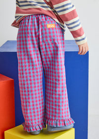 Gingham Ruffle Hem Pant - Pink & Blue