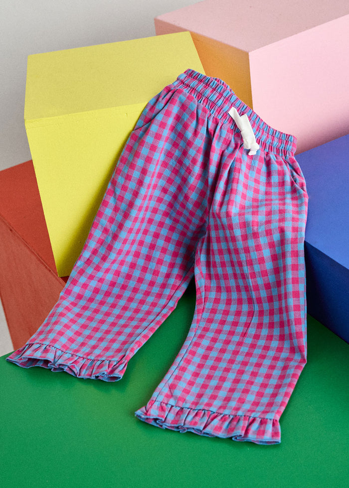 Gingham Ruffle Hem Pant - Pink & Blue
