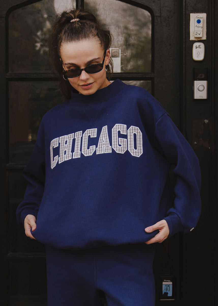 Chicago Collegiate Plaid Mock Neck Sweatshirt - Navy