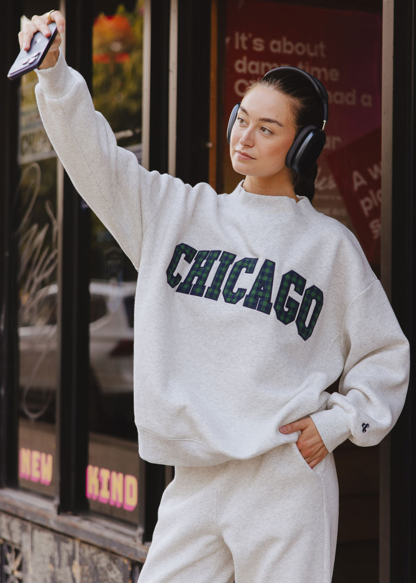 Chicago Collegiate Plaid Mock Neck Sweatshirt - Heather Grey