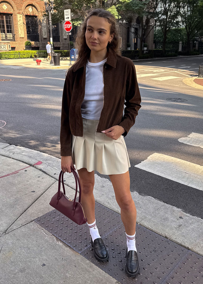 Area Pleated Vegan Leather Mini Skirt - Ivory