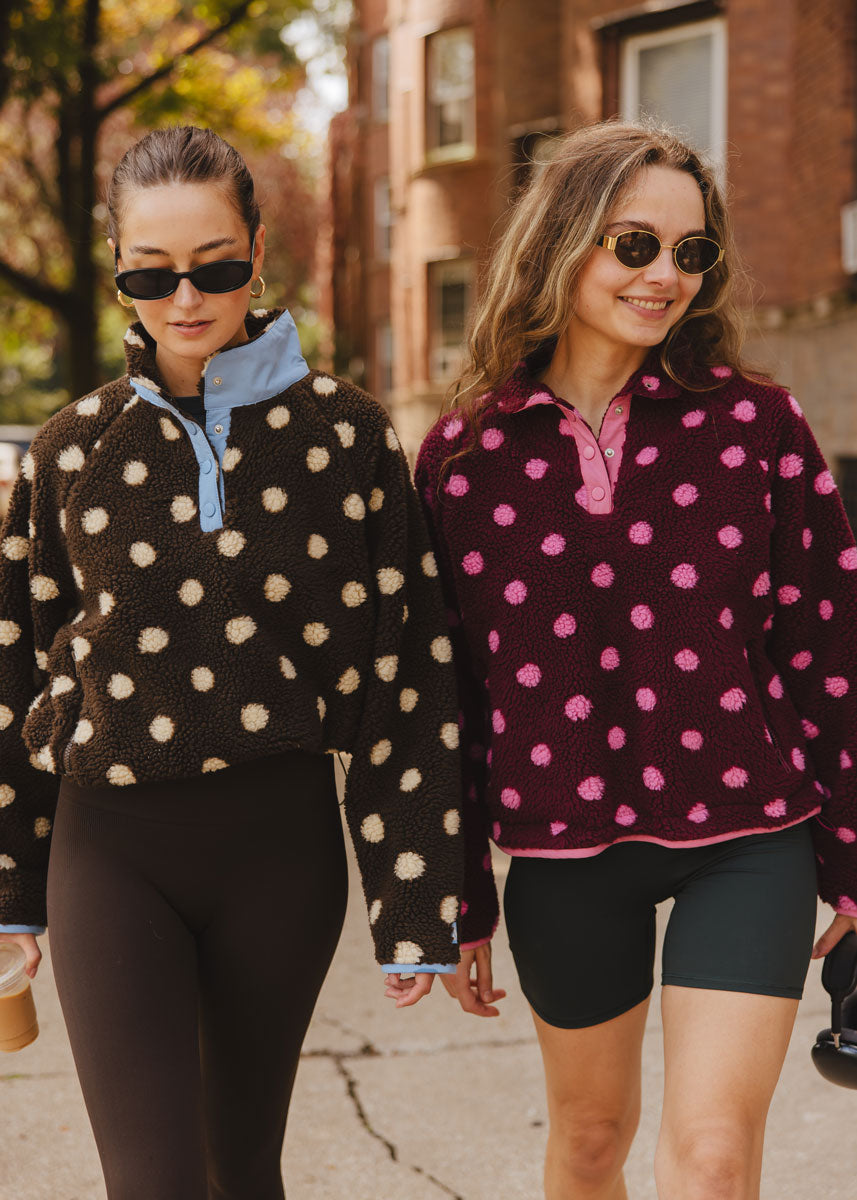 Alice Polka Dot Quarter Snap Fleece - Cocoa