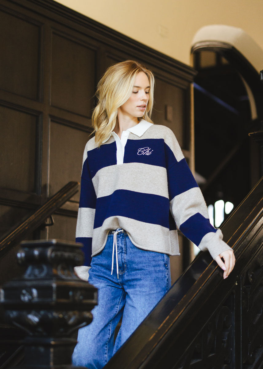 Chi Script Rugby Sweater - Tan & Navy