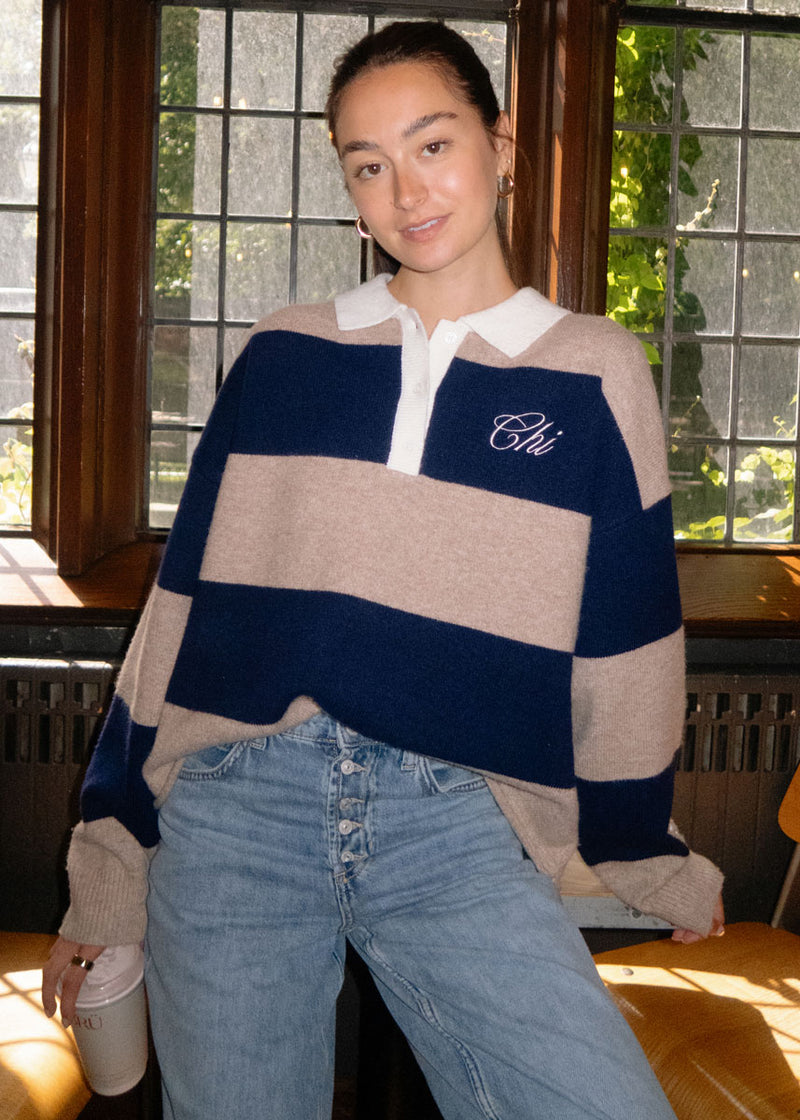 Chi Script Rugby Sweater - Tan & Navy