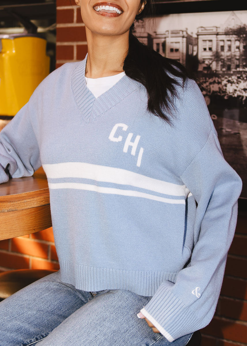 Chi Striped V-Neck Crop Sweater - Light Blue