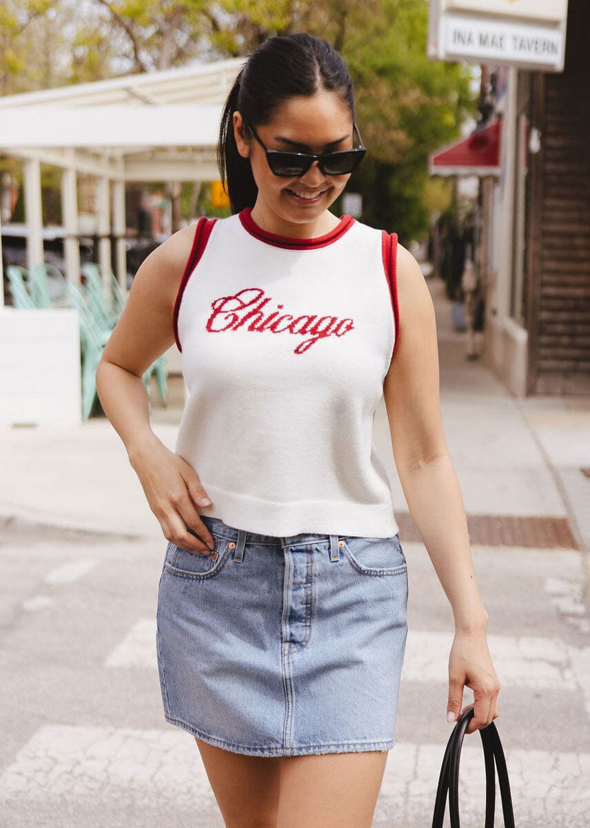 Chicago Script Ringer Sweater Vest - Ivory Red Combo