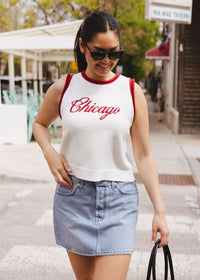 Chicago Script Ringer Sweater Vest - Ivory Red Combo