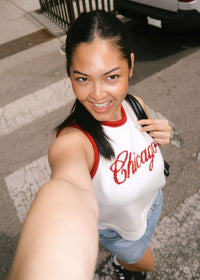 Chicago Script Ringer Sweater Vest - Ivory Red Combo