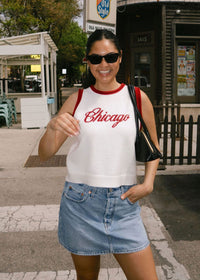Chicago Script Ringer Sweater Vest - Ivory Red Combo