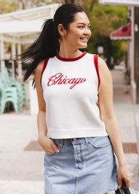 Chicago Script Ringer Sweater Vest - Ivory Red Combo