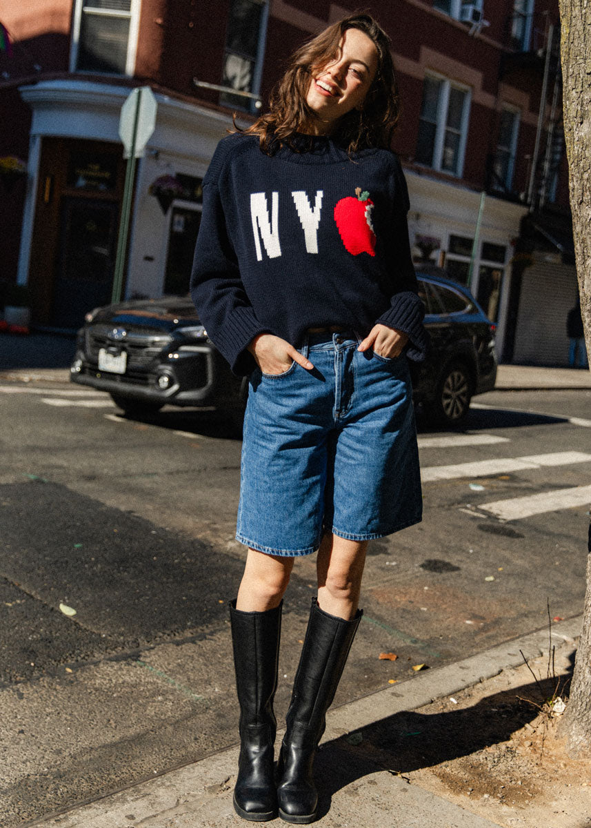 NYC Big Apple Roll Neck Sweater - Navy