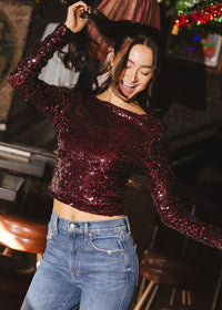 Sangria Boat Neck Sequin Top - Wine