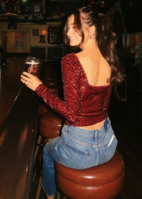 Sangria Boat Neck Sequin Top - Wine
