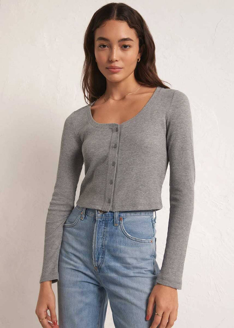 Ciana Cropped Waffle Top - Classic Heather Grey