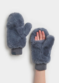 Mad Hatter Faux-Fur Mittens - Steel Blue