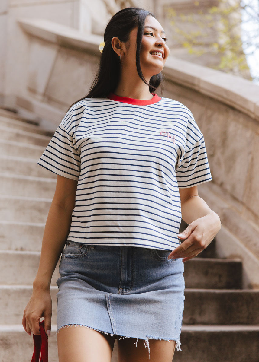 Chi Striped Boxy Tee  - White & Navy