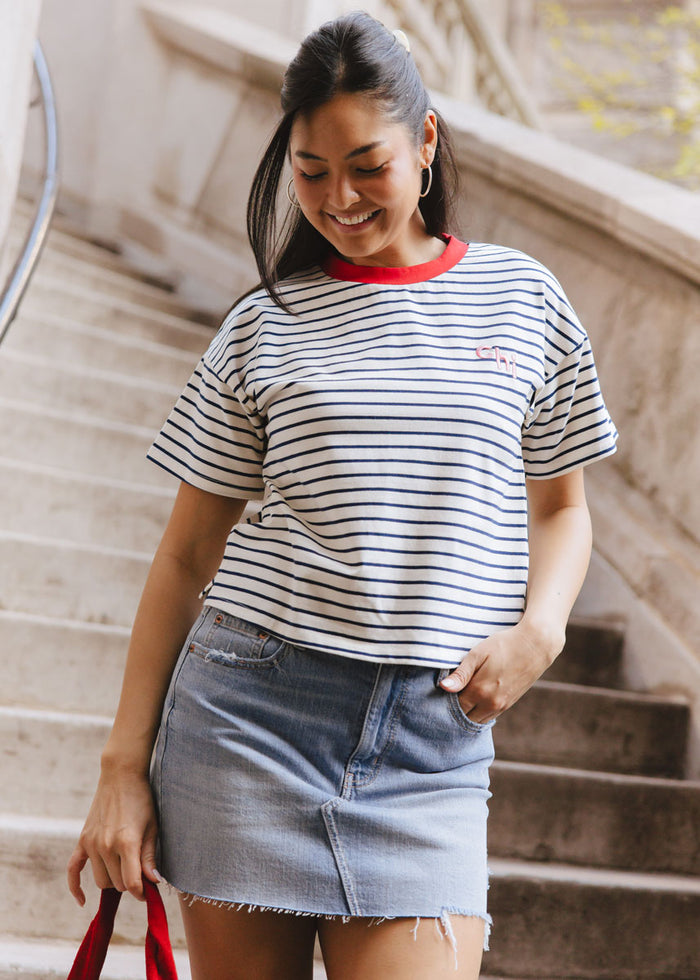 Chi Striped Boxy Tee  - White & Navy