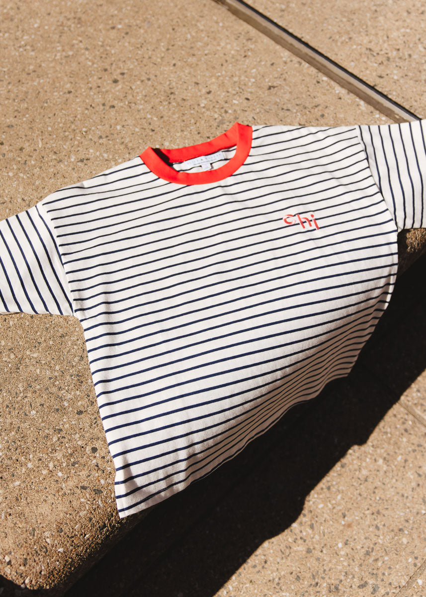 Chi Striped Boxy Tee  - White & Navy